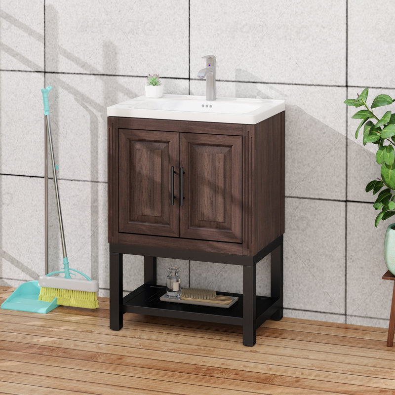 Meuble-lavabo autoportant 24 po moderne en noyer avec lavabo en céramique blanc, robinet, portes de rangement et tablette ouverte