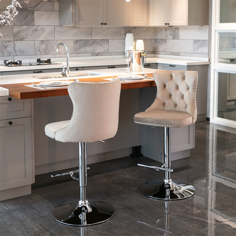 Daijiah Swivel Upholstered Adjustable Height Counter Stool with Metal Frame, Silver, Khaki