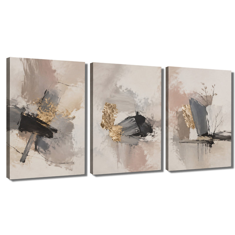 Tableau mural à 3 panneaux, impression abstraite sur toile tendue avec feuille d'or rose, 20*30inch*3