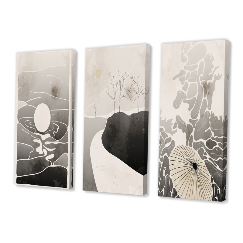 Monochromes japonais rétro, paysage, ensemble de 3 impressions sur toile tendue, H 28 po x l 36 po