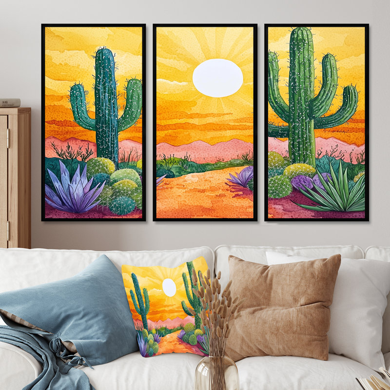 Cactus Landscape At Sunset I - Floral Cactus Wall Art Set, Black, Floater Framed Print, 28" H x 36" W