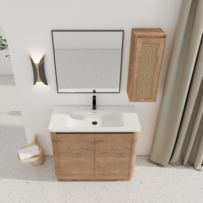 Meuble-lavabo autoportant contemporain avec lavabo en céramique et 2 portes à fermeture douce