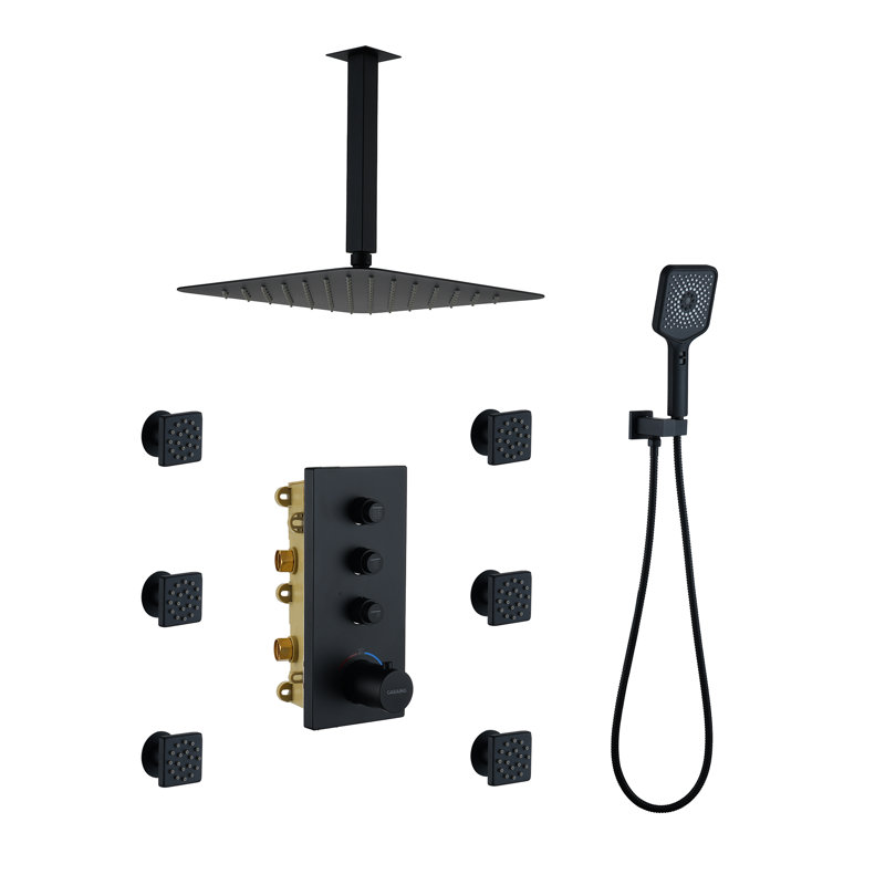 3 Functions 12 Inch Ceiling Mounted Thermostatic Shower System with 6 Body Jets, Matte Black
