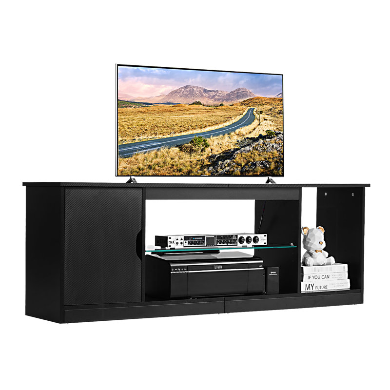 Meuble télé 65 po, tablette en verre, meuble audio-vidéo moderne, design minimaliste, tablettes réglables, éclairage multimode, expérience immersive audiovisuelle