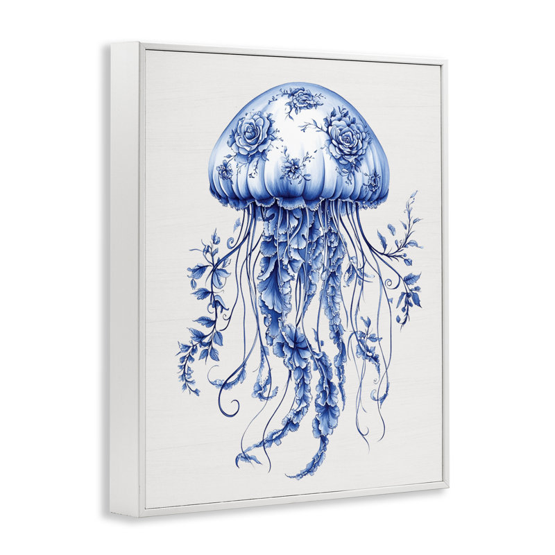«Funky Toile Jellyfish», estampe numérique giclée encadrée, H 20 po x l 16 po, Estampe numérique encadrée blanc bord de mer
