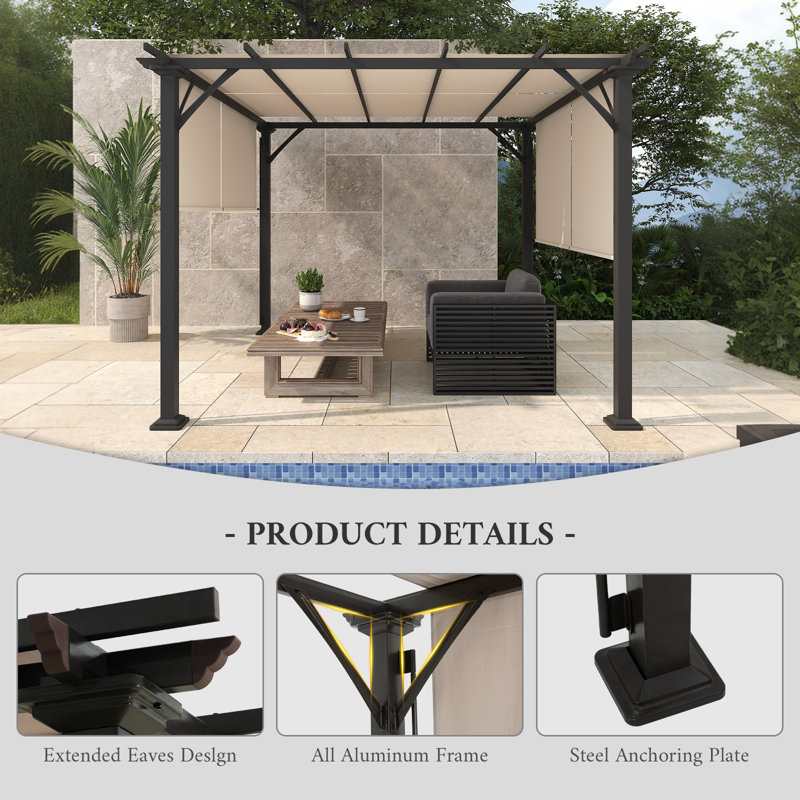10'x10' Outdoor Retractable Pergola Canopy, Metal Frame Grape Gazebo & Canopy Cover,