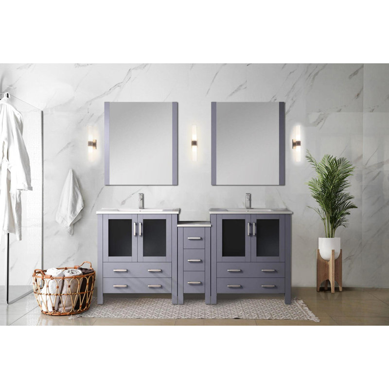 Meuble-lavabo double de couleur gris foncé avec armoire latérale, comptoir en céramique blanche, robinet inclus, fonction de fermeture en douceur, deux armoires intérieures et sept tiroirs de rangement, teinture