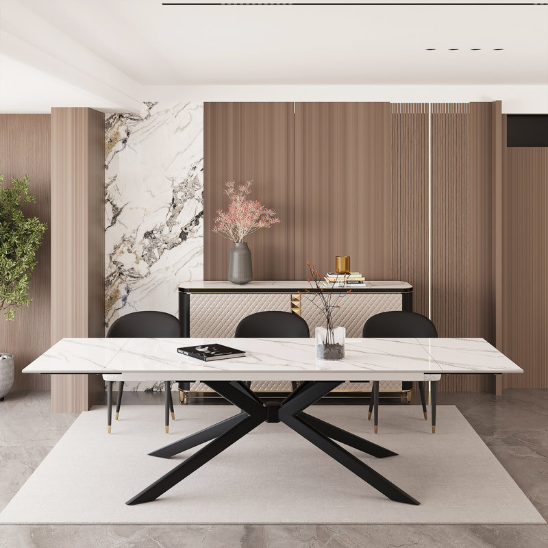 Cerinle 78.74'' to 110.24'' Extendable Rectangular Sintered Stone Dining Table for 8-10, Snowy Mountain White