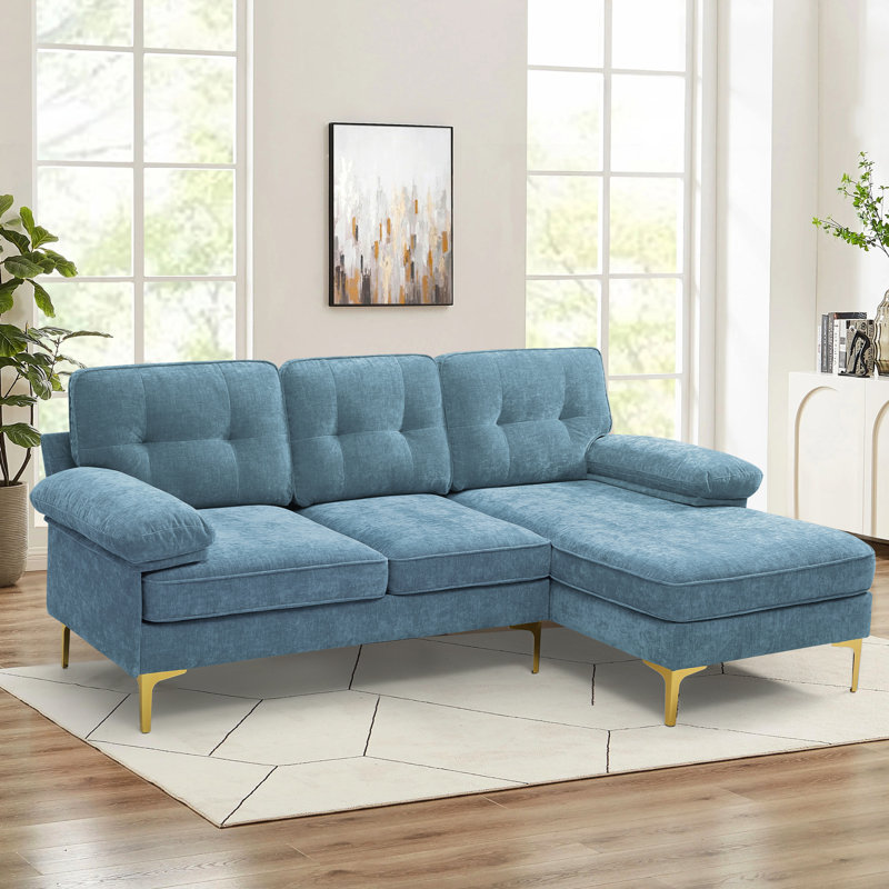 Canapé modulaire capitonné en bois massif de 82,7 po Tylisha, poids maximal de 1 000 lb, Or, Chenille bleu clair