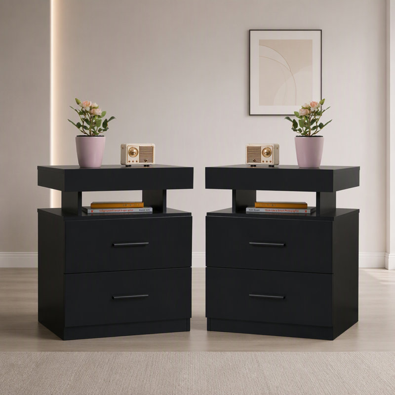 Ensemble de 2 tables de chevet DEL avec 2 tiroirs en tissu et éclairage intégré, noir, Set of 2