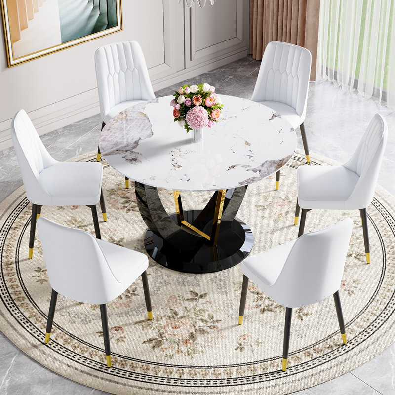 48" Modern Round Dining Table For 4-6 With Tempered Glass Tabletop, White/Black, 7 Pieces: Table, 6 Chairs