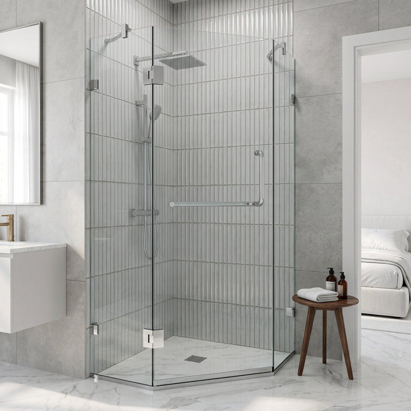 Cabine de douche à charnière sans cadre avec verre transparent 3/8 de l 36 po x P 36 po x H 73 po Piedmont, Chrome