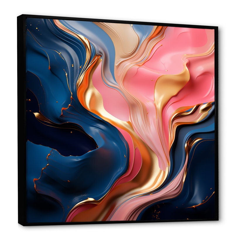 «Rose and Gold», encre liquide Abstraction II - encre liquide, art mural abstrait, Cadre flottant noir