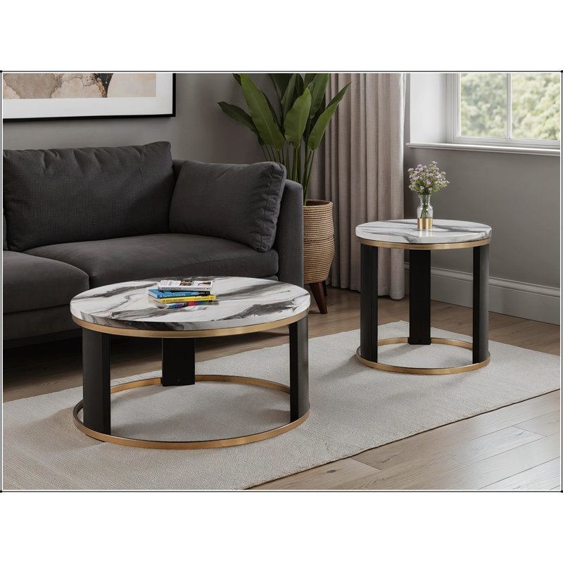 Ensemble de table triangulaire 3 pièces de style contemporain avec plateau en marbre et pieds en bois anneau doré pour le salon principal