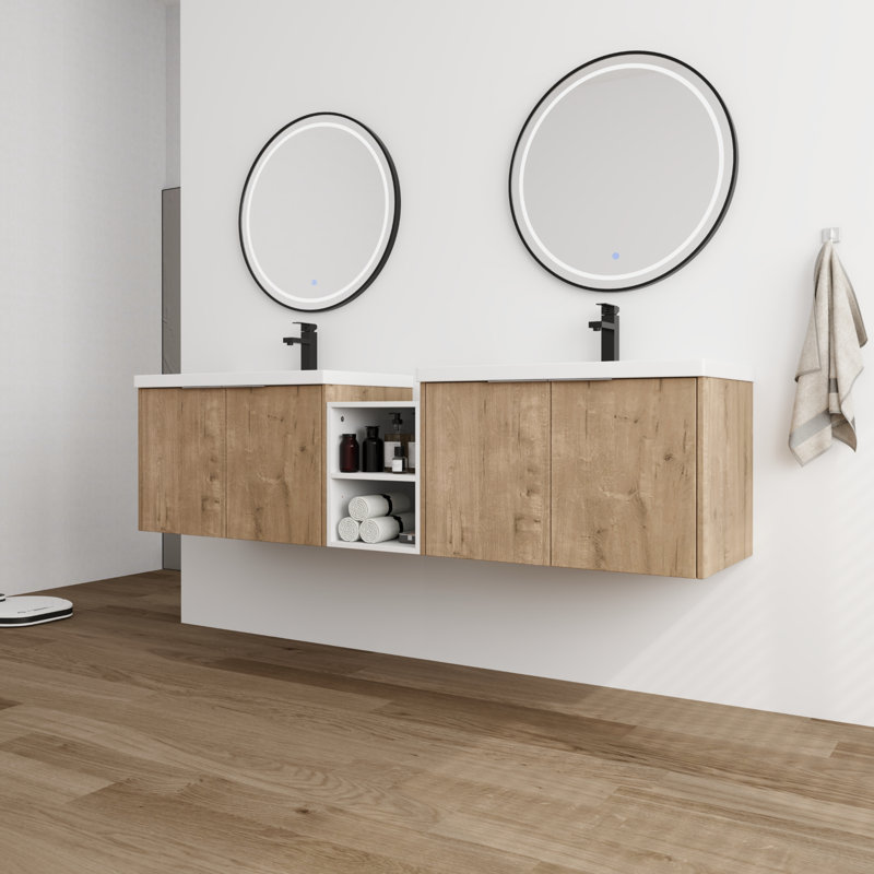 Meuble-lavabo double avec comptoir en résine, Beige, 72"