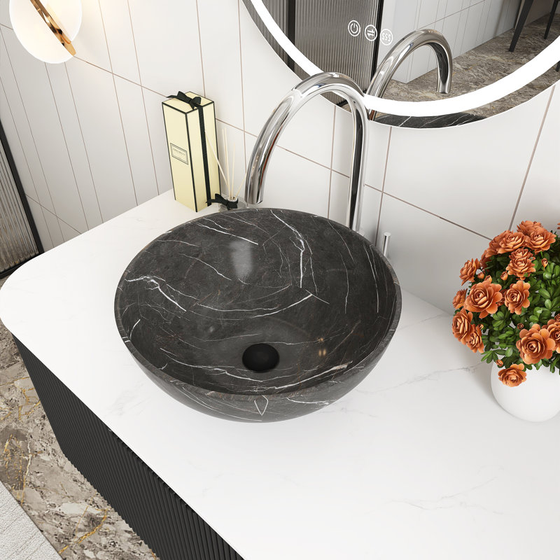 Wall-Mounted Black Bowl Ceramic Basin With Stone Pattern Bathroom Vanity, Black, 36"