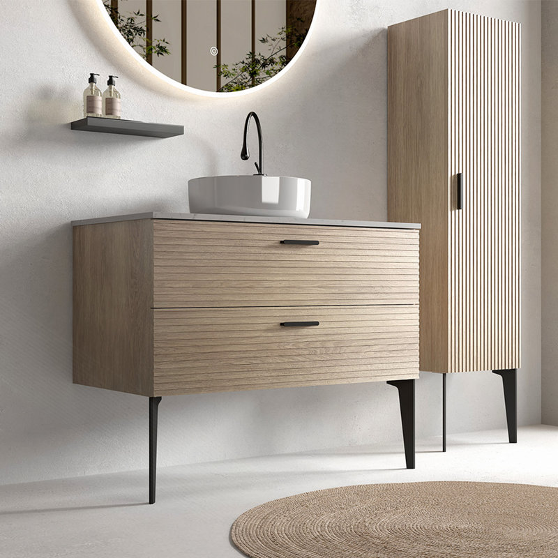 Meuble-lavabo rayé en chêne naturel avec lavabo en céramique, meuble-lavabo autoportant pour salle de bain moderne, KD, 36"