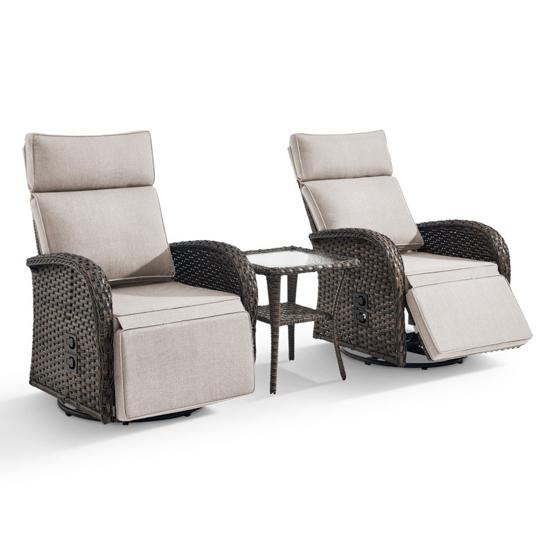 Esquer 3 - Pieces Outdoor Wicker Poolside Reclining Swivel Chaise Lounge With Adjustable Recliner And Side Table, Beige