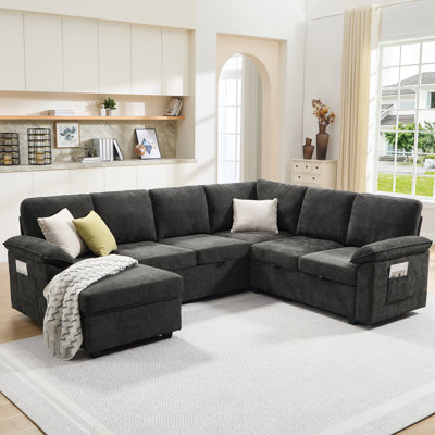 U-Shaped Sleeper Sectional Sofa Bed with Pull-Out Bed and Storage for Living Room ,Dark Gray