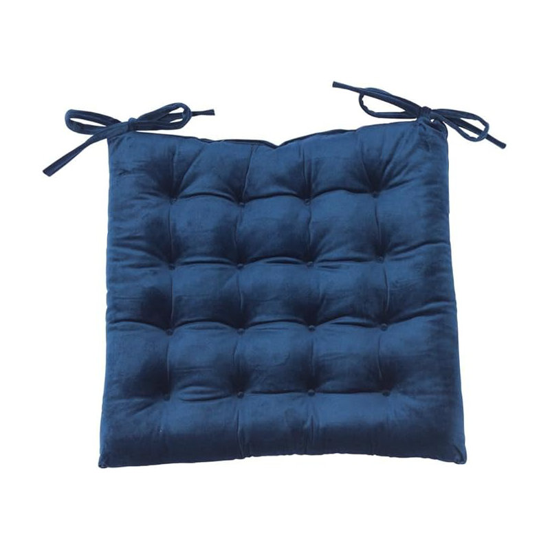 Velvet with Ties Strap 16 Stitch Comfortable Chair Pad Cushion, Blue