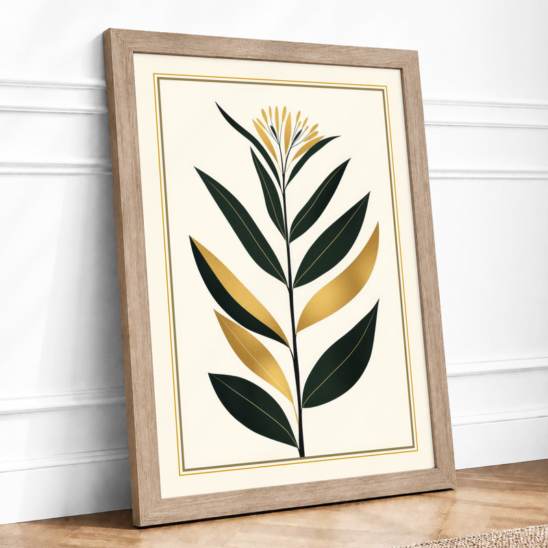 Single Stem in Gold Botanical - Framed Print, A2 - 59.4 x 42.0 cm, Oak