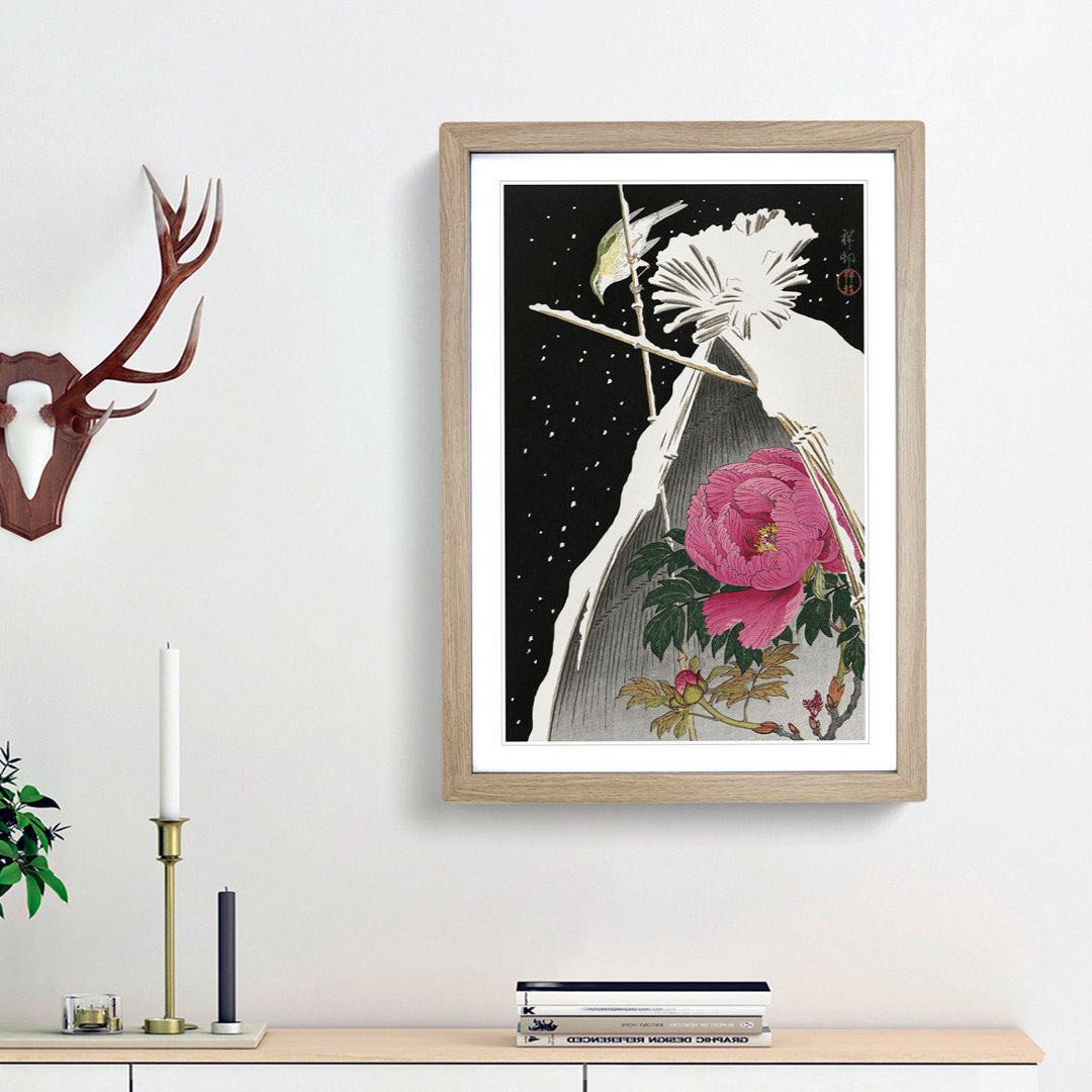 Siberian Bluechat Bird and Pink Peony by Ohara Koson - Picture Frame Painting Print