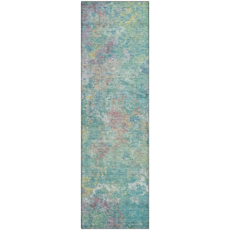 Premium Machine Washable Mayfield abstract Rug, 2'3" x 7'6" Runner, Teal