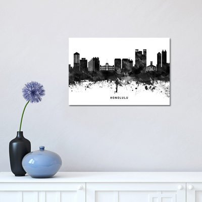 Honolulu Skyline Black & White 1 Piece Wrapped Canvas Wall Art