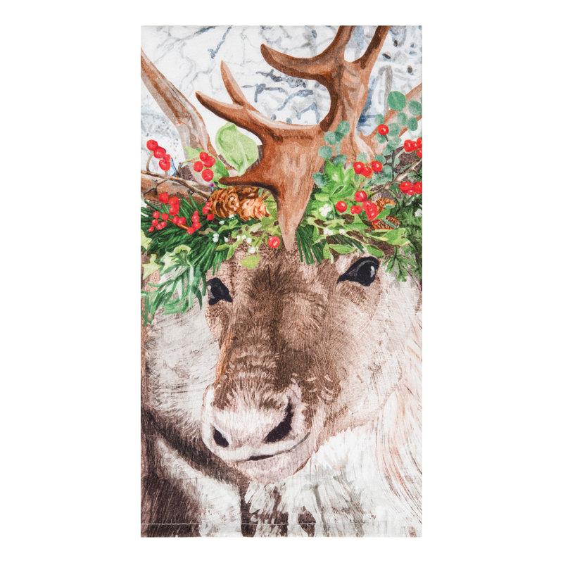 Christmas Reindeer Wearing Red Holly Flower Crown Printed 100% Cotton Flour Sack Dishtowel