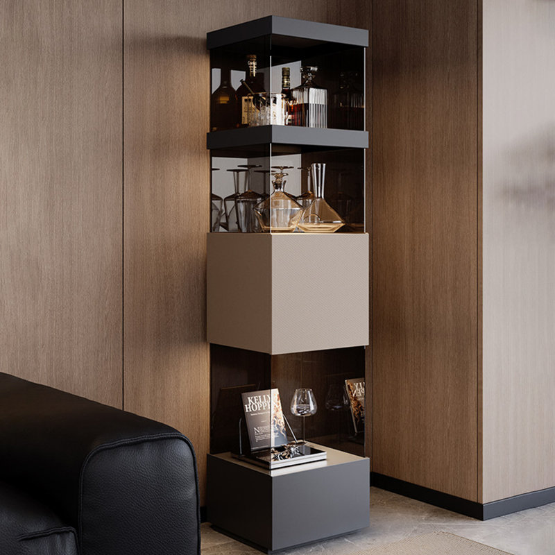 Armoire d'angle 15,75 po de style italien minimaliste gris mat, porte en verre trempé avec éclairage DEL, buffet intégré et vitrine à vin