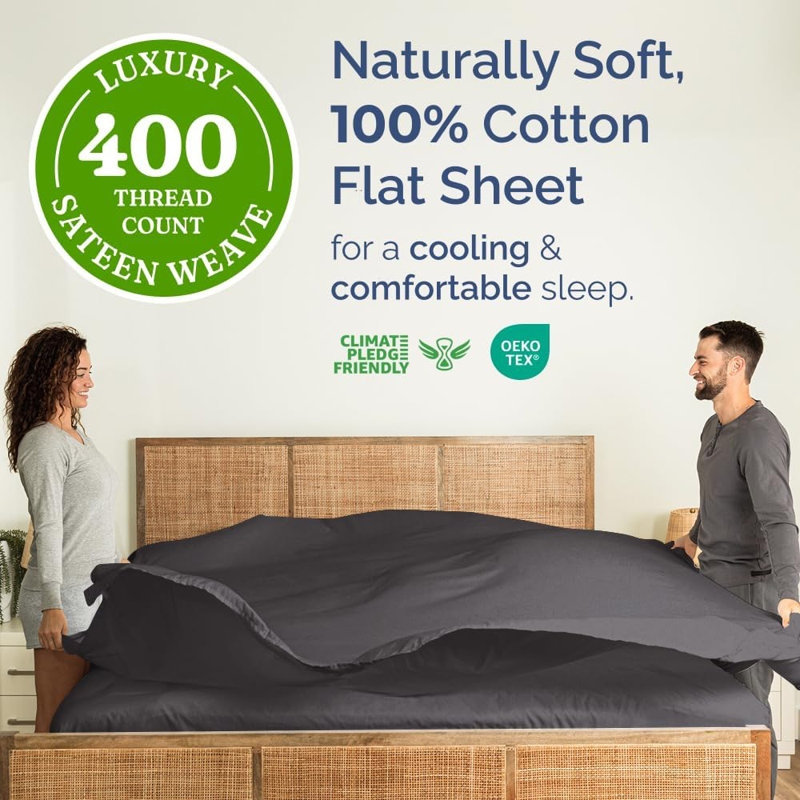 Drap en coton 400 fils - Drap rafraîchissant, respirant et doux, Très grand lit, Gris foncé