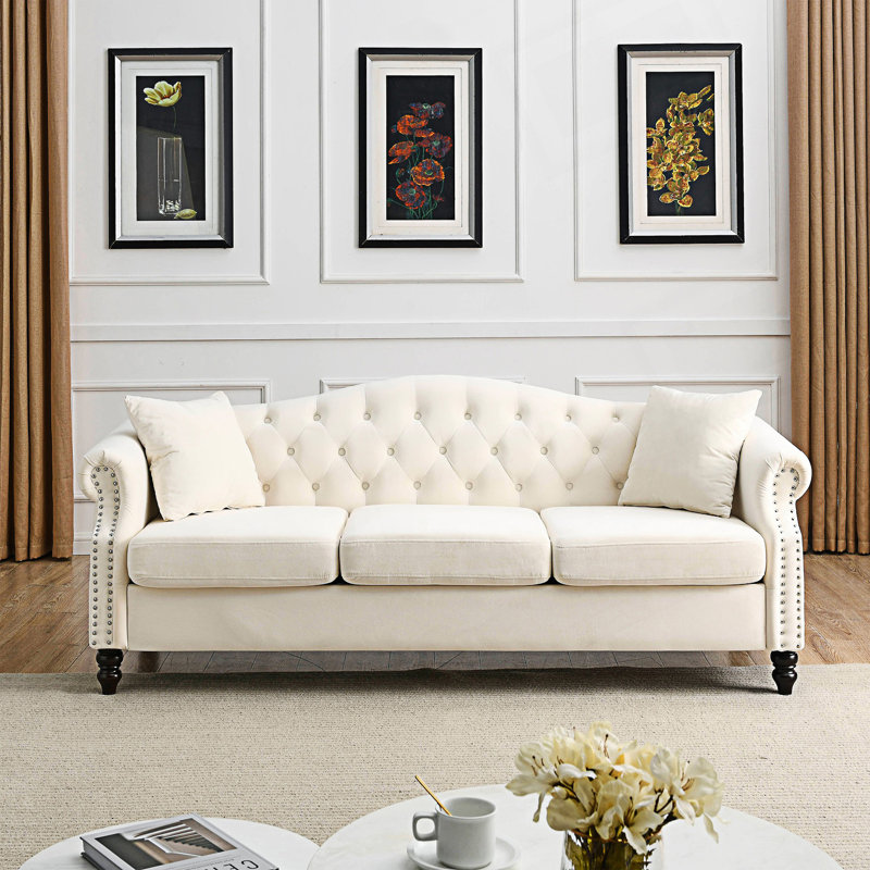 Tufted Couch With Rolled Arms, Chesterfield Sofa, Seater Sofa, Beige, 3