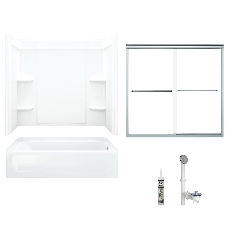 60" W x 73" H Frameless Rectangle Sliding Tub & Shower Kit with Towel Bar and Base Included, Silver