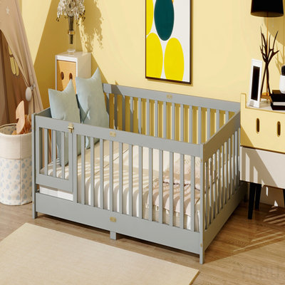 Full Size Floor Bed with Fence and Door,Rubber Wood Floor Bed with Safety Guardrails,Grey