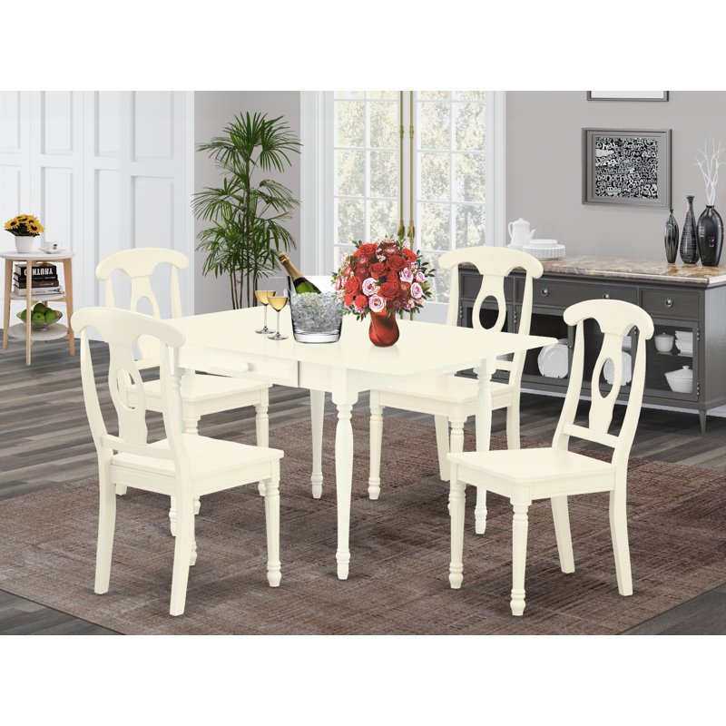 5 Piece Dining Room Furniture Set Includes a Rectangle Kitchen Table with Dropleaf and 4 Dining Chairs, Linen White
