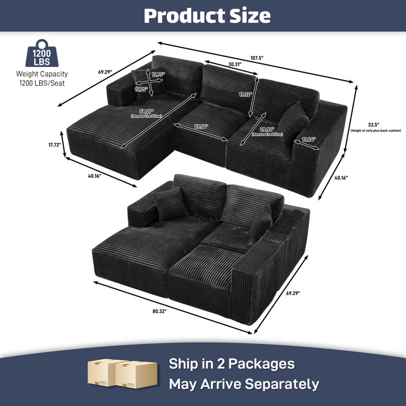 Upholstered Compression Sectional Sofa Couch With Chaise, Black Corduroy, Left Hand Facing
