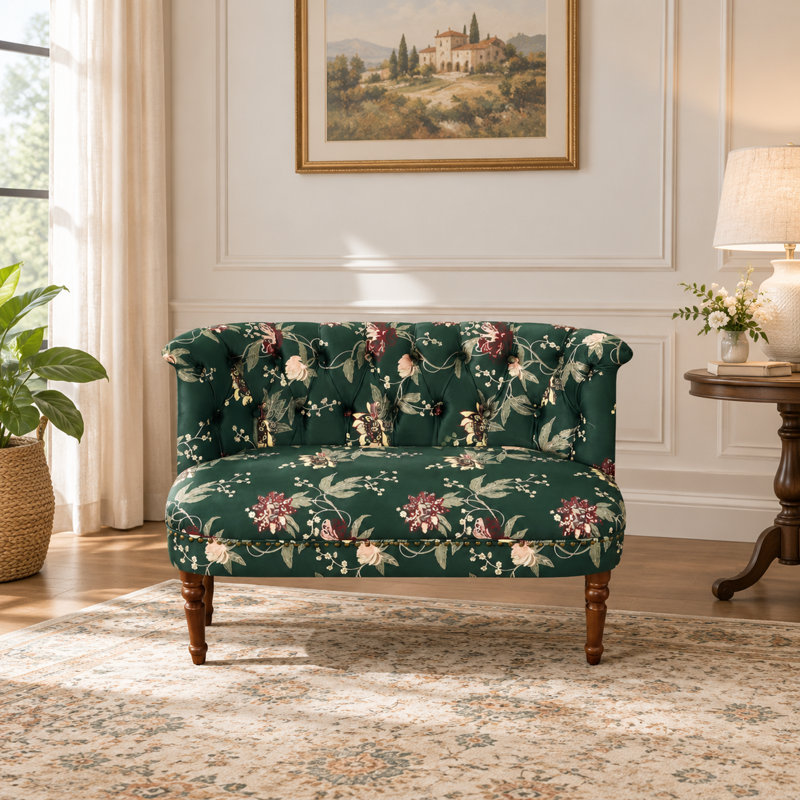 Banc d'appoint capitonné à motif floral européen, Green