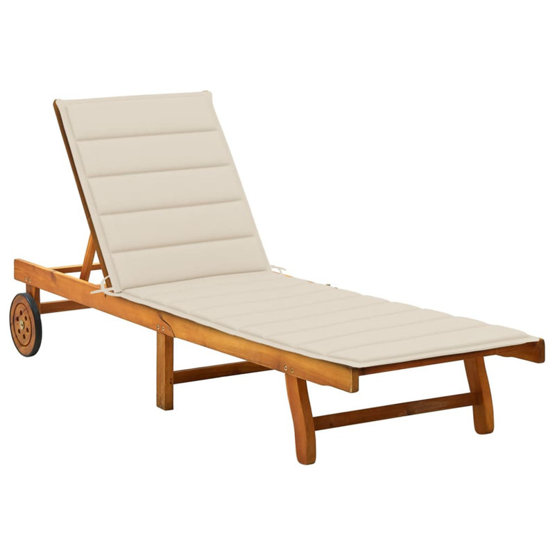 Prshant 80" Long Acacia Single chaise with Cushions, Brown, Beige