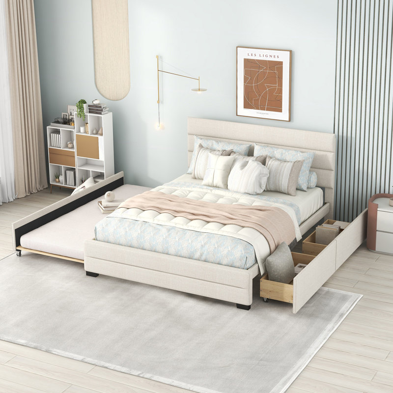 Carico Upholstered Platform Storage Bed, Beige, Polyester