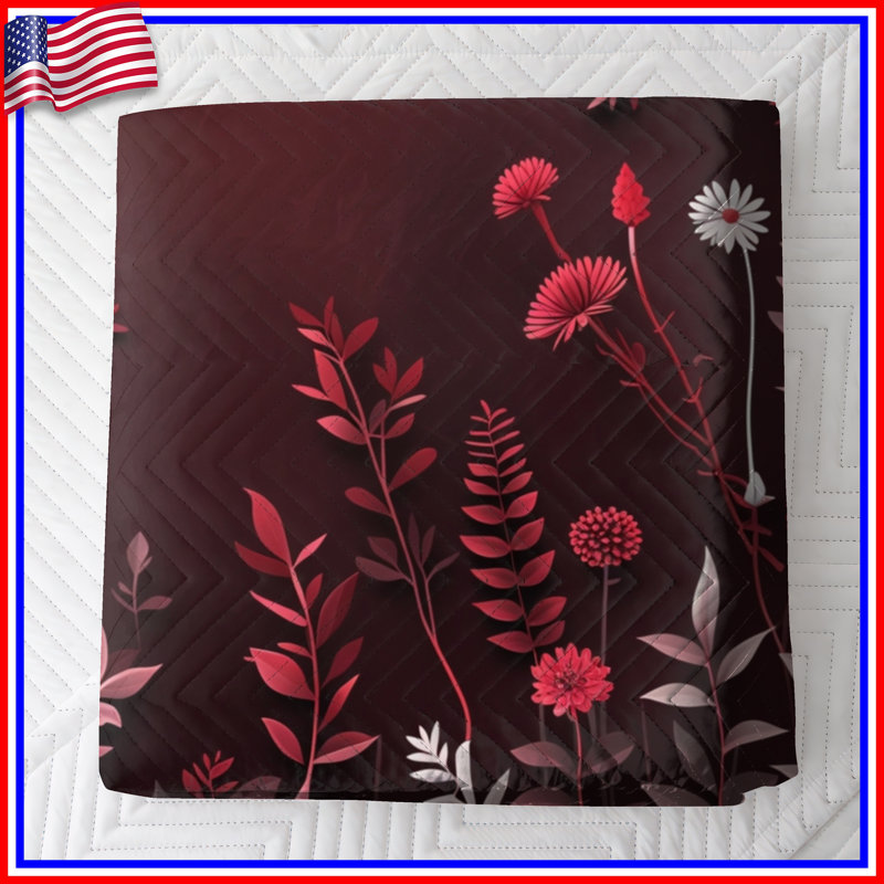 Red Botanical Leaves Quilted Bedspread, Twin