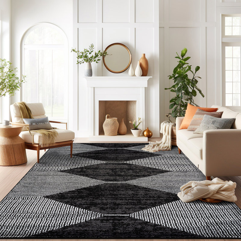 Tapis noir à rayures géométriques ivoire, Rectangle 7 pi 10 po x 10 pi
