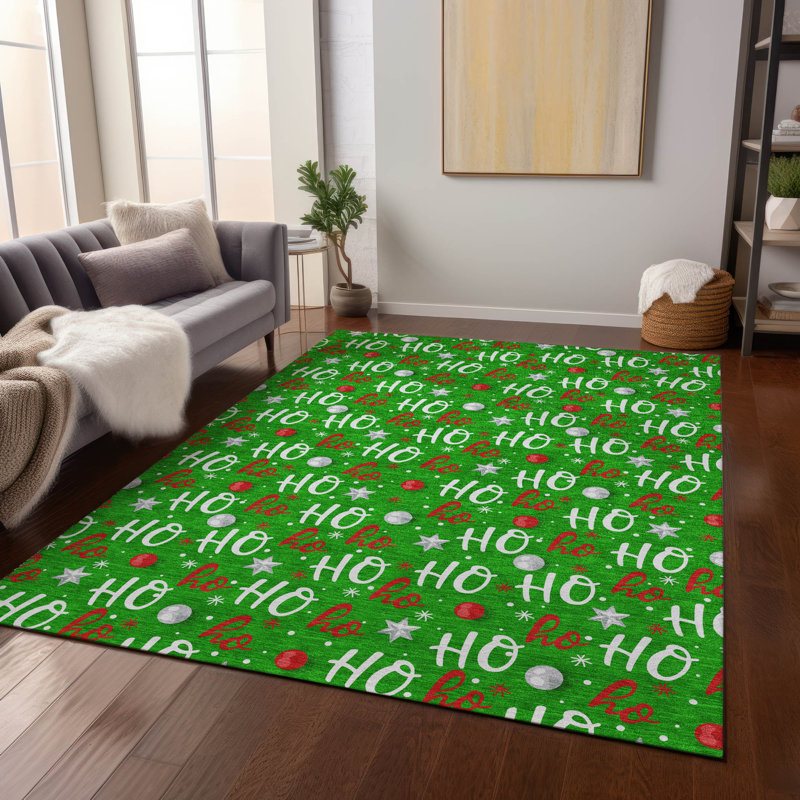 Tapis vert flocon de neige intérieur / extérieur lavable à la machine Ho Ho Ho Xhevrie, Rectangulaire 3 pi x 5 pi