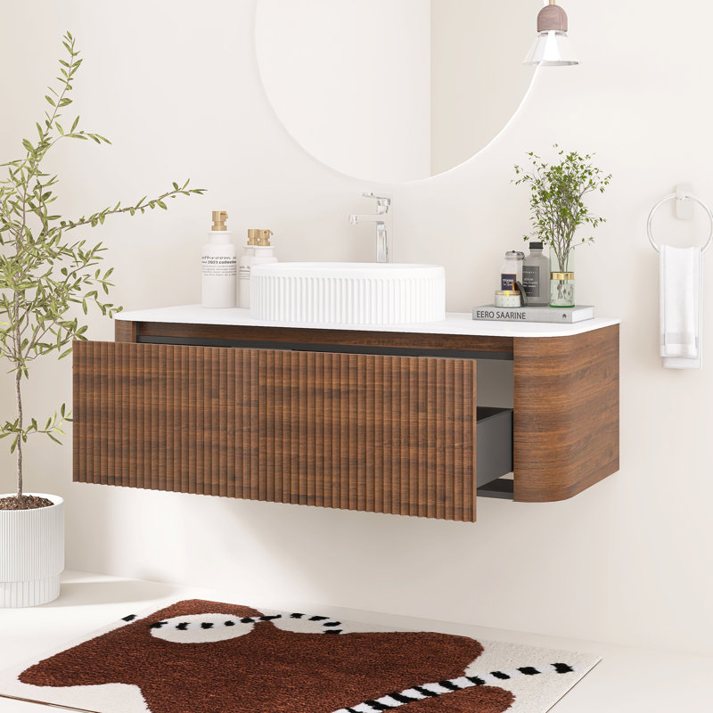 Meuble-lavabo mural cannelé 48 po avec lavabo vasque en céramique, deux tiroirs et porte-serviettes 48 po, Walnut