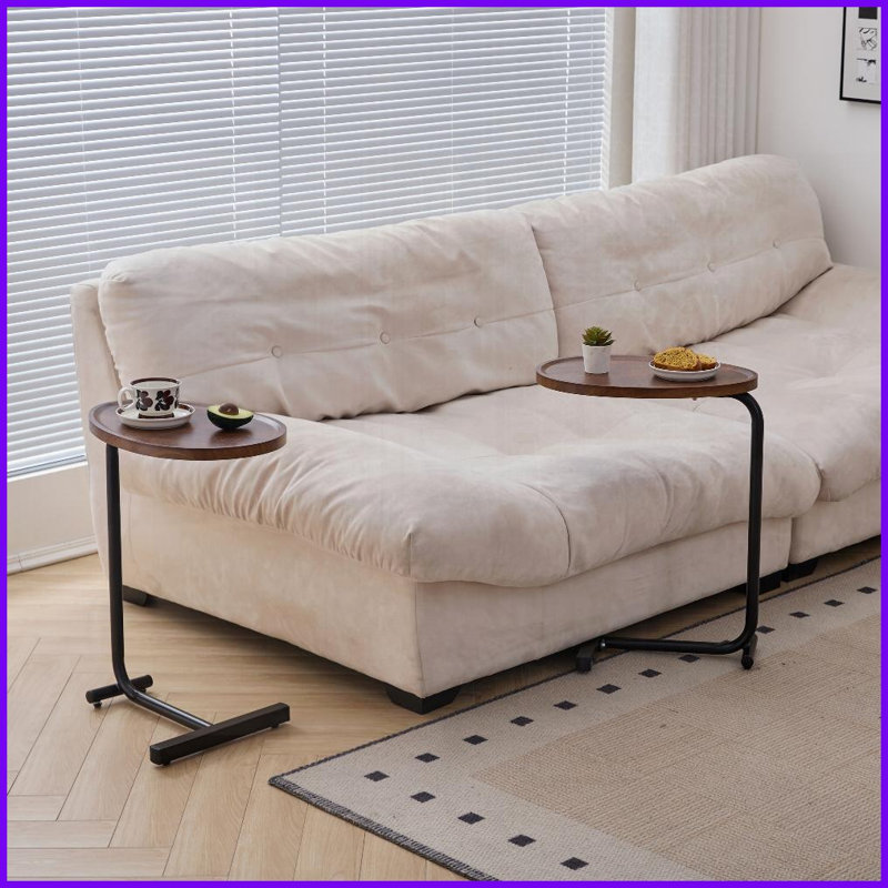 Table basse 2 pièces en forme de C pour petits espaces, peu encombrante Commode coulissante, Plateau noir / structure noire