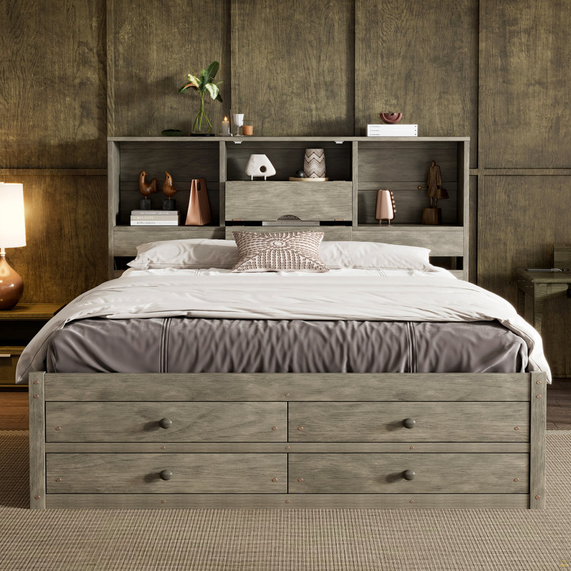 Grand lit plateforme avec tête de lit à rangement et 8 tiroirs, Gris