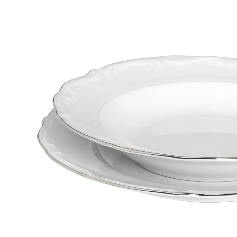 Maria Theresia Porcelain China Dinnerware Set 12 Piece - Service for 6, Platinum/White