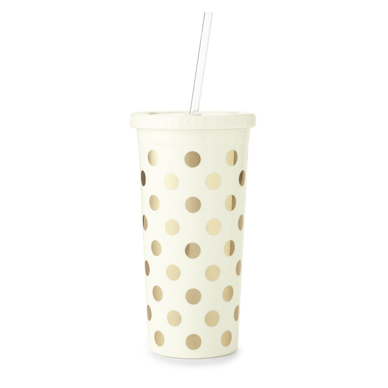 Tumbler with Straw, Gold Dots, White/Gold
