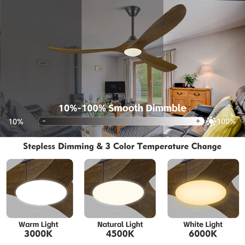 Ventilateur de plafond intelligent avec lumière et télécommande, télécommande et application, pales en bois massif, moteur à courant continu réversible