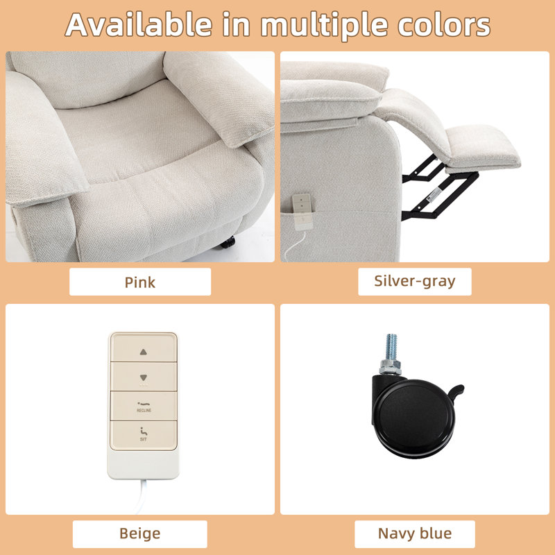 Chenille Power Recliner Chair With Wheels, Adjustable 90°-165° Reclining Sofa With Side Pocket, For Living Room Bedroom