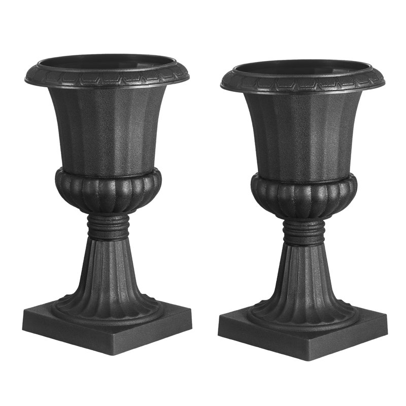 Plastic Urn Planters 9.84 x 16.54 Inch Black Floral Pedestal Flower Pots, 16.54" H x 9.84" W x 9.84" D, Black